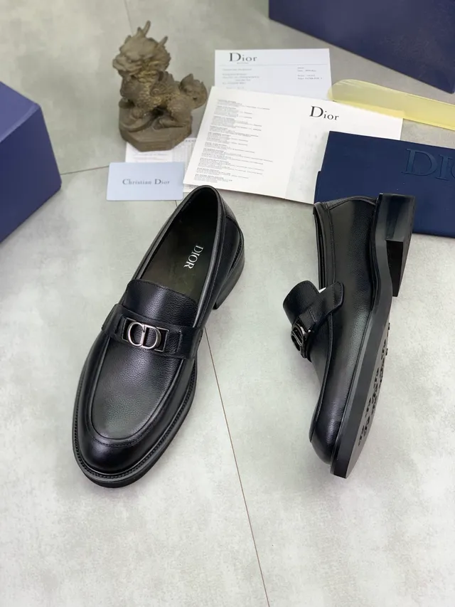 Dior Noir Argent Cuir Texturé Metal CD Boucle Bride Loafer 5