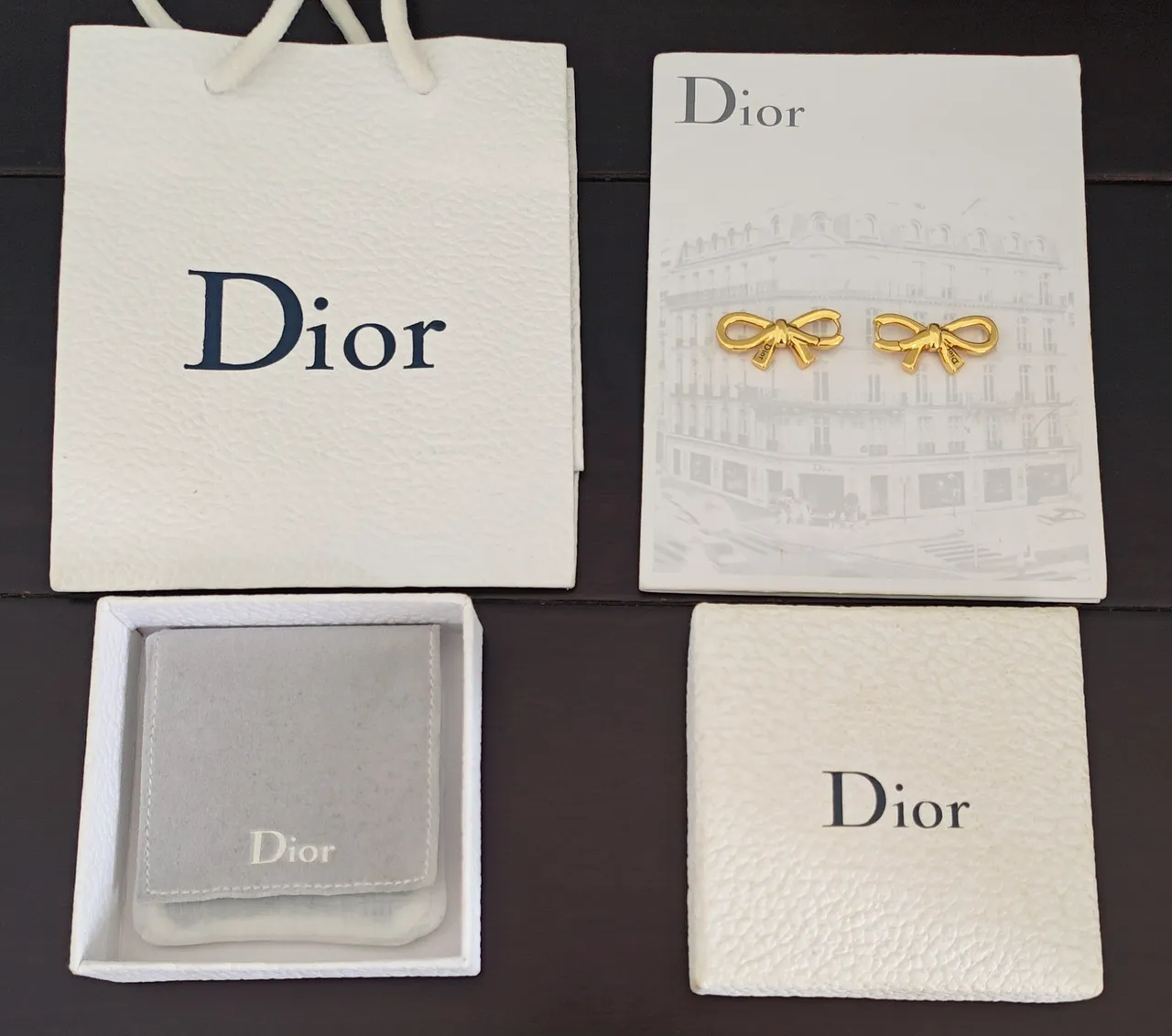 Dior Bow Doré Gris Silhouette Finition Métal Poli Boucles d'oreilles 4