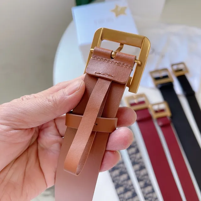 Cinto de couro Dior marrom fivela quadrada dourada cinco grommets alinhados 3