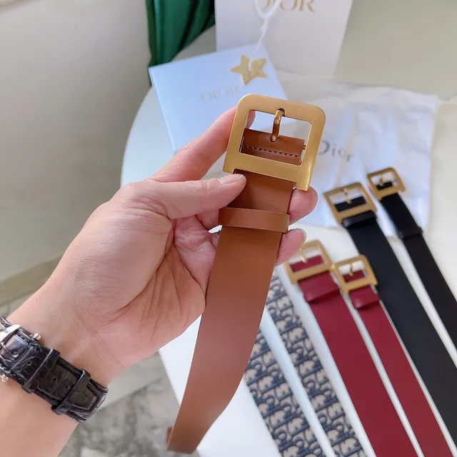Cinto de couro Dior marrom fivela quadrada dourada cinco grommets alinhados 4