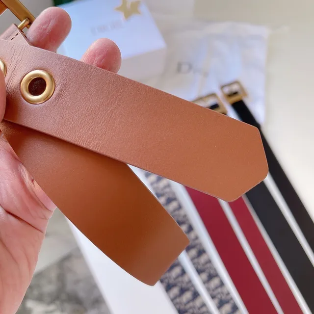 Cinto de couro Dior marrom fivela quadrada dourada cinco grommets alinhados 6