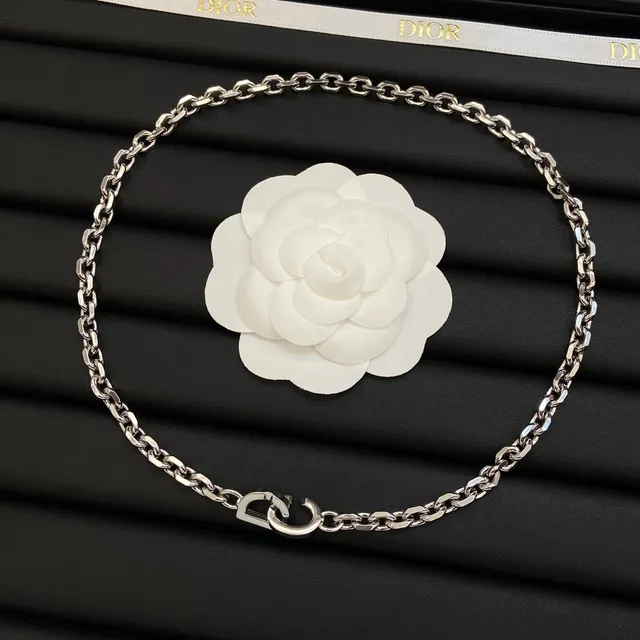 Dior Camellia Chain Silver White Curb Resin Motif collier 6