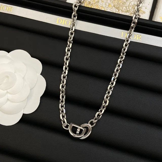 Dior Camellia Chain Silver White Curb Resin Motif collier 7