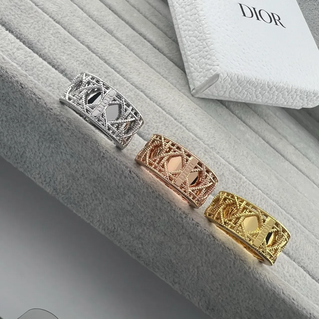 Dior Gold Silver Openwork Lattice Engraved Plaque Ring 8