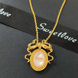 Dior La D de Gold Pink Bow Motif Oval Mother-of-Pearl Cabochon Necklace