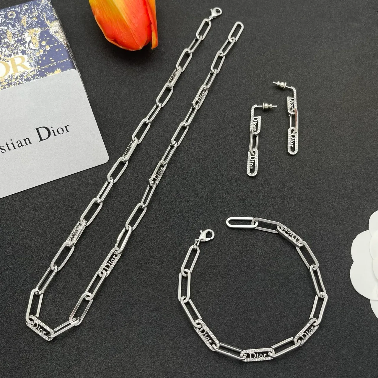 Dior Link Crystal-Embellished Logo Chain Earrings 2