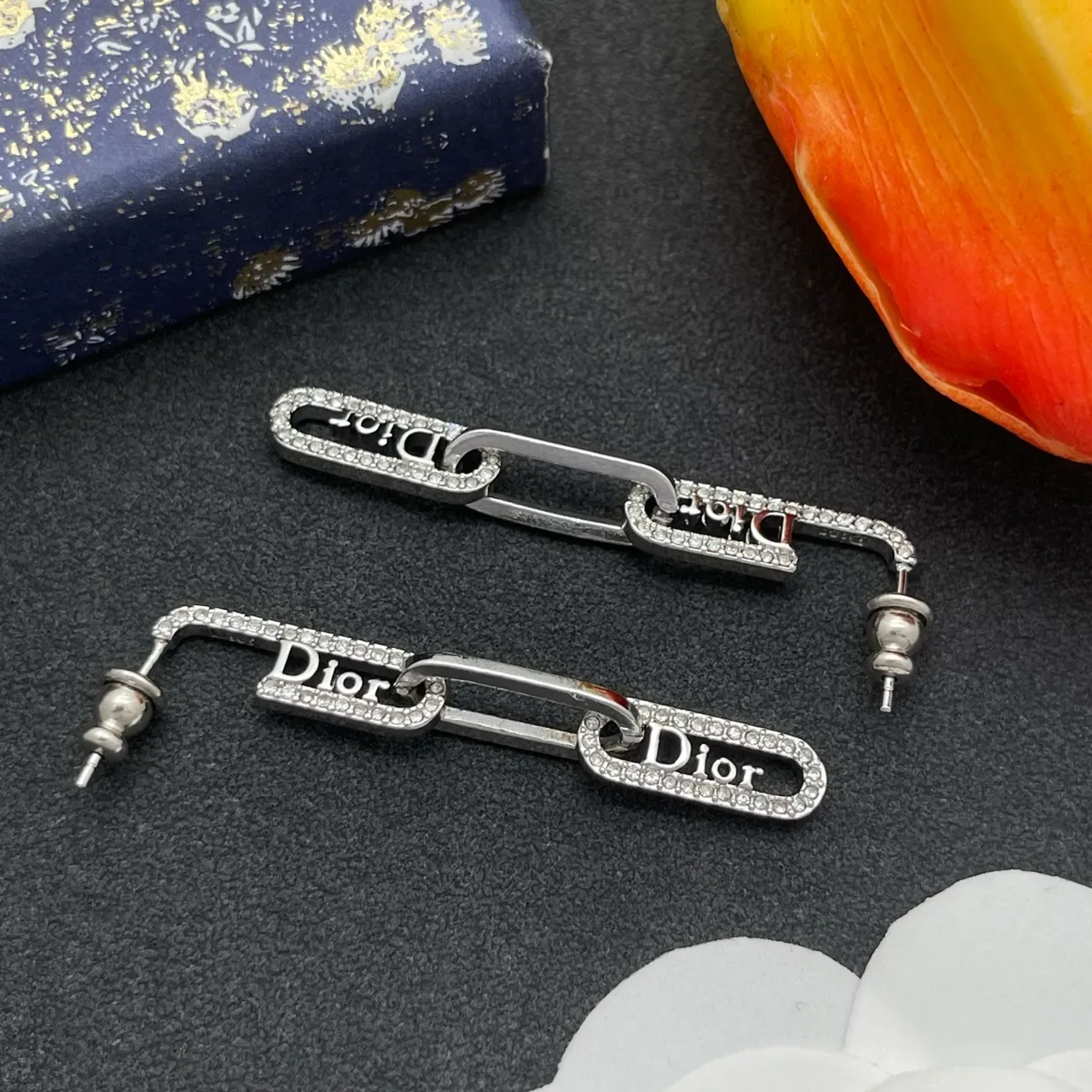 Dior Link Crystal-Embellished Logo Chain Earrings 6