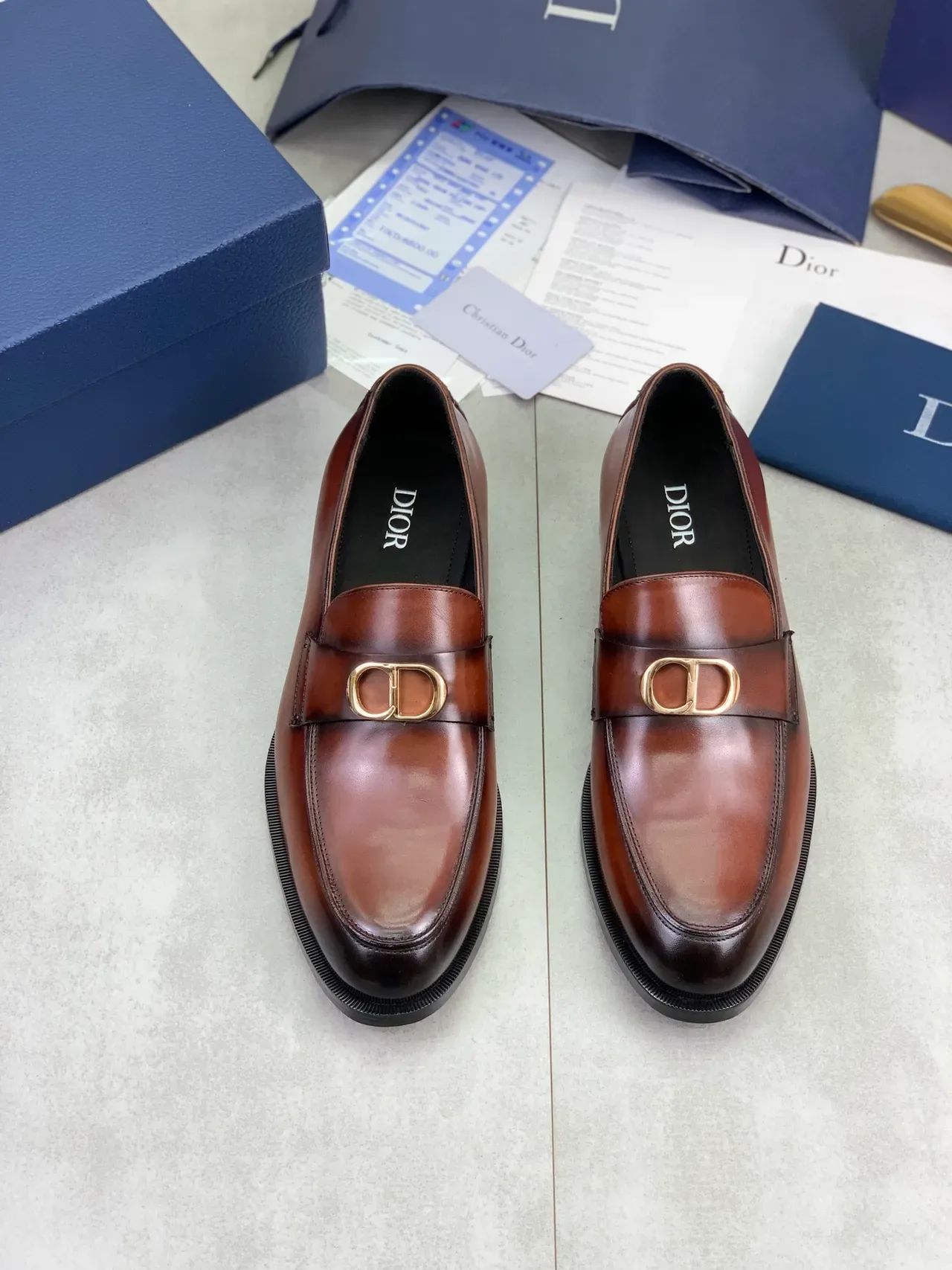 Dior Loafer Brown Gold Polished Leather D-Buckle Loafer 5