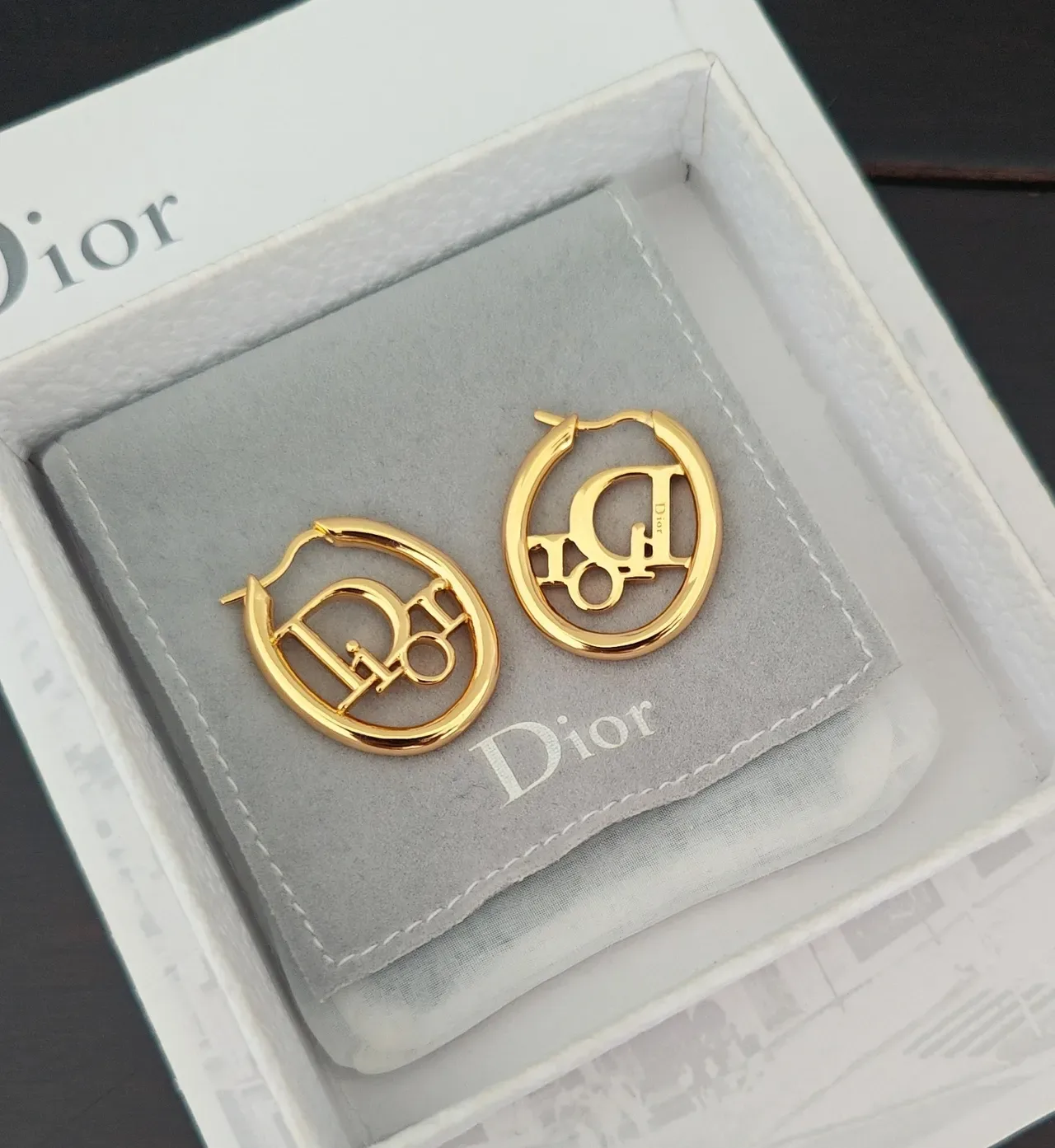 Dior Logo Cutout Hoop Gold Gray Earrings 2