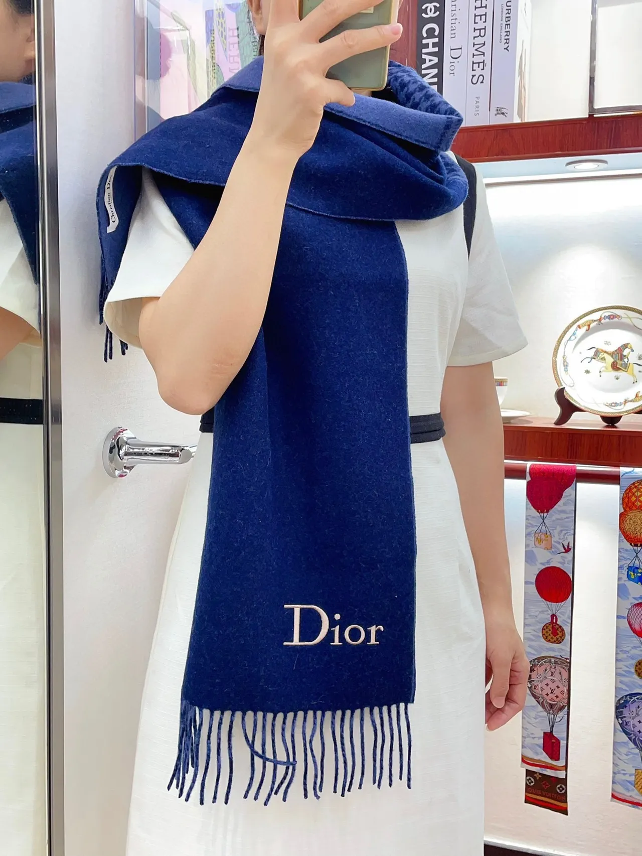 Foulard Dior Logo Pied-de-Coq et Cachemire Solide Bleu Marine 2