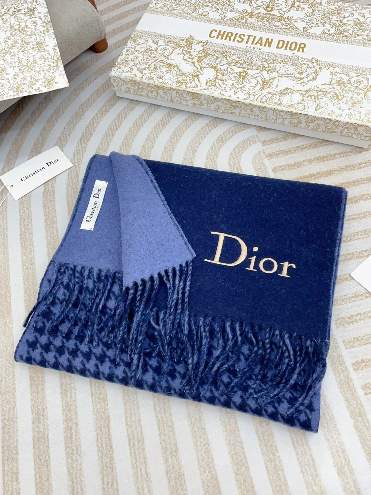 Foulard Dior Logo Pied-de-Coq et Cachemire Solide Bleu Marine 5