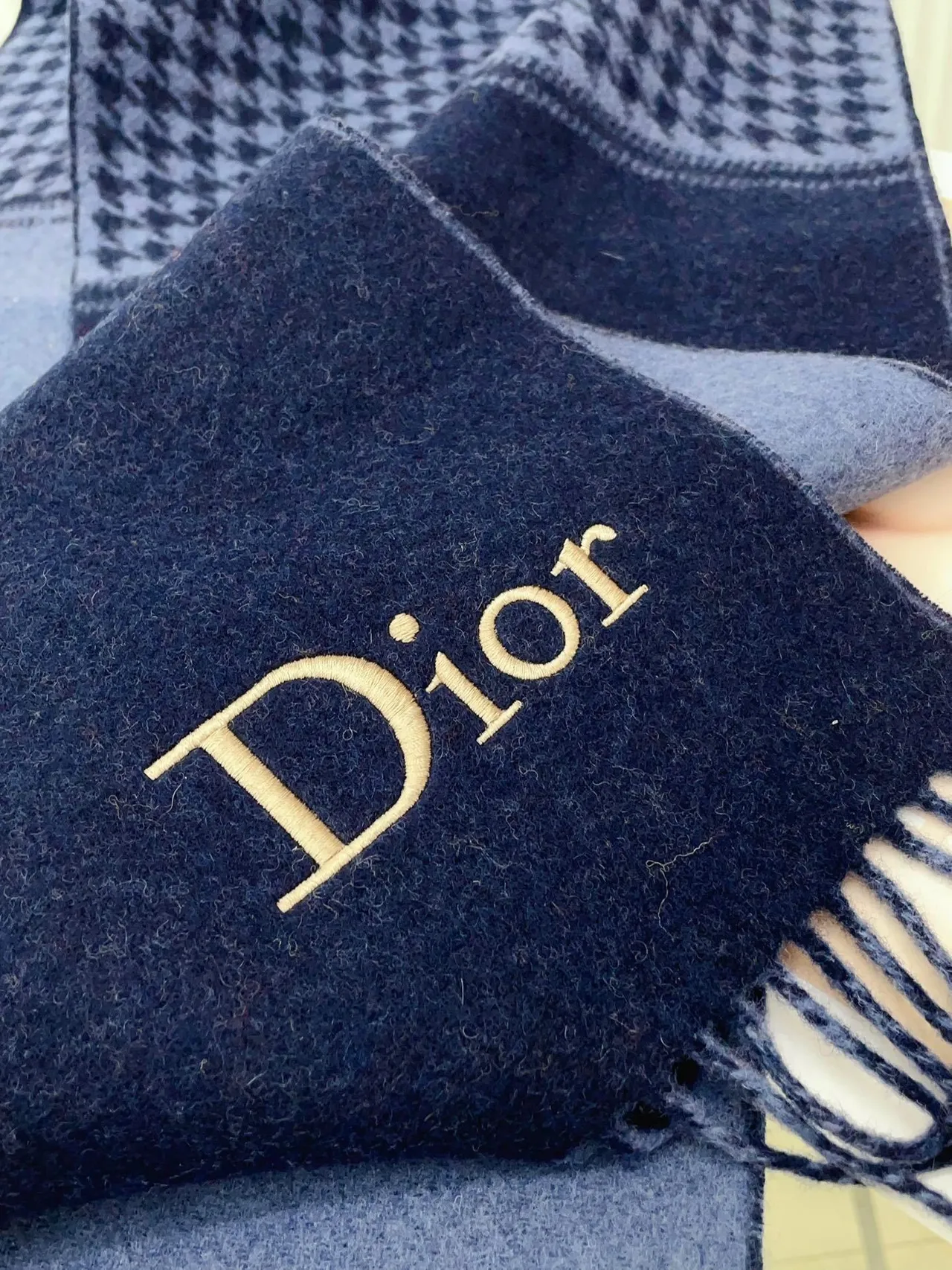 Foulard Dior Logo Pied-de-Coq et Cachemire Solide Bleu Marine 8