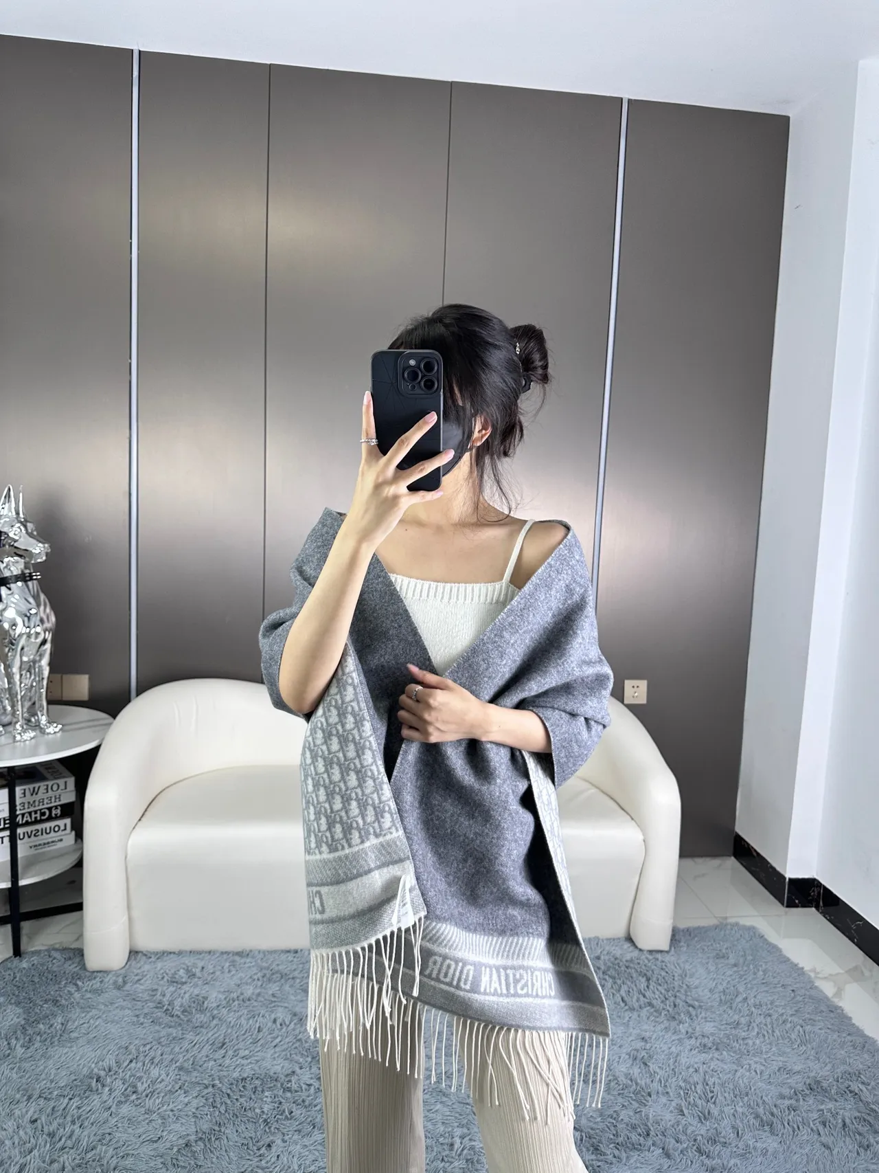 Dior Oblique Monogram cachecol de cashmere cinza 5