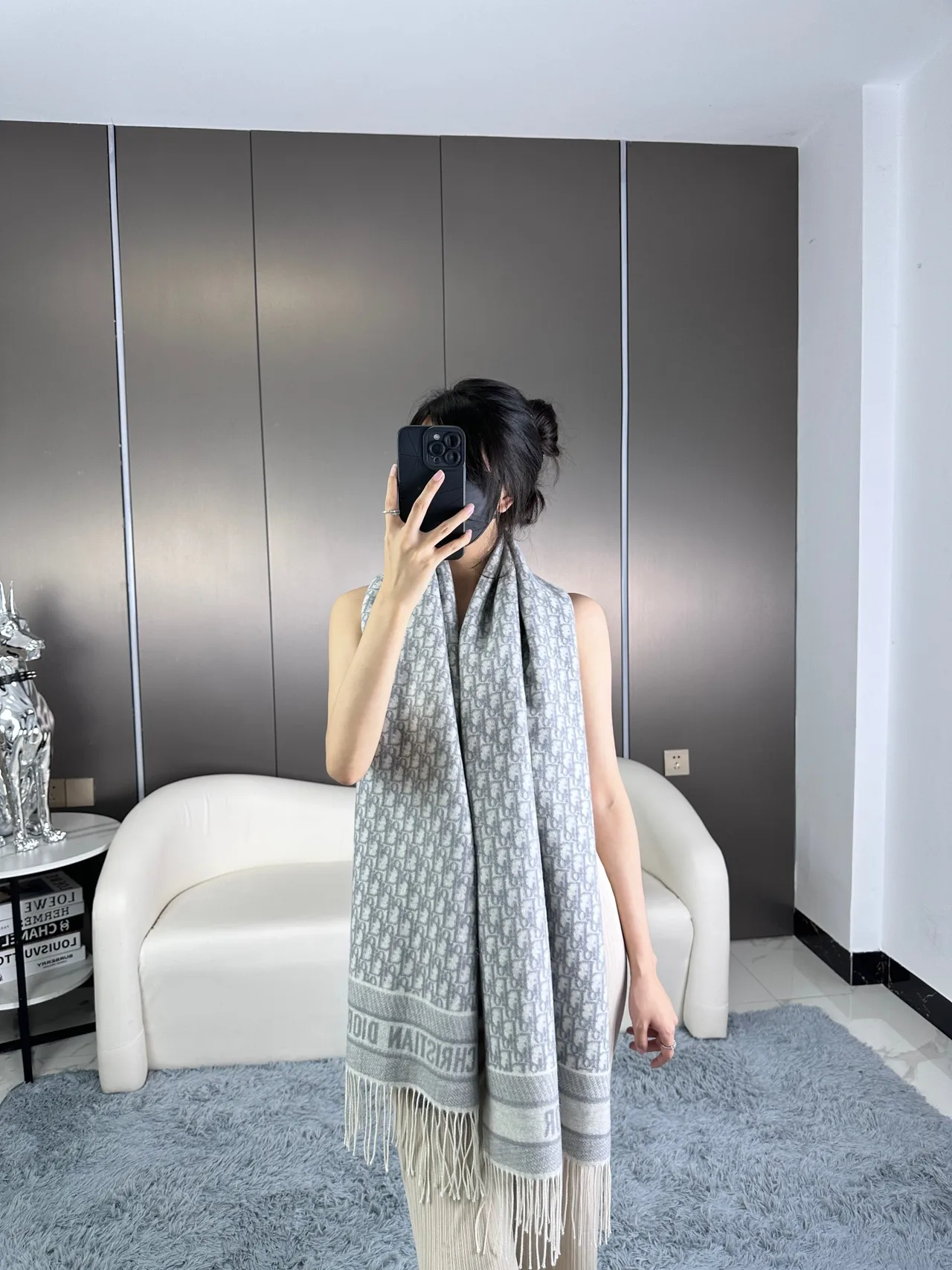 Dior Oblique Monogram cachecol de cashmere cinza 6