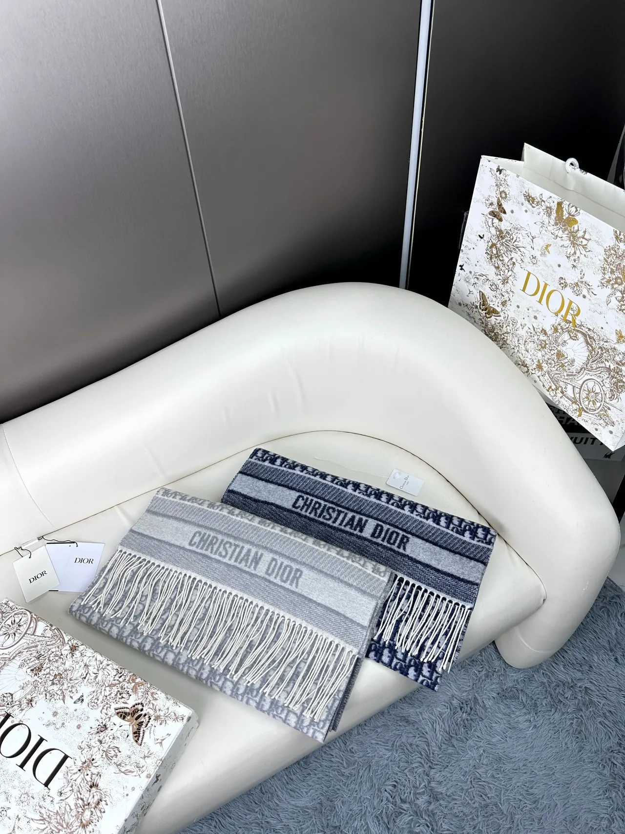 Dior Oblique Monogram cachecol de cashmere cinza 7