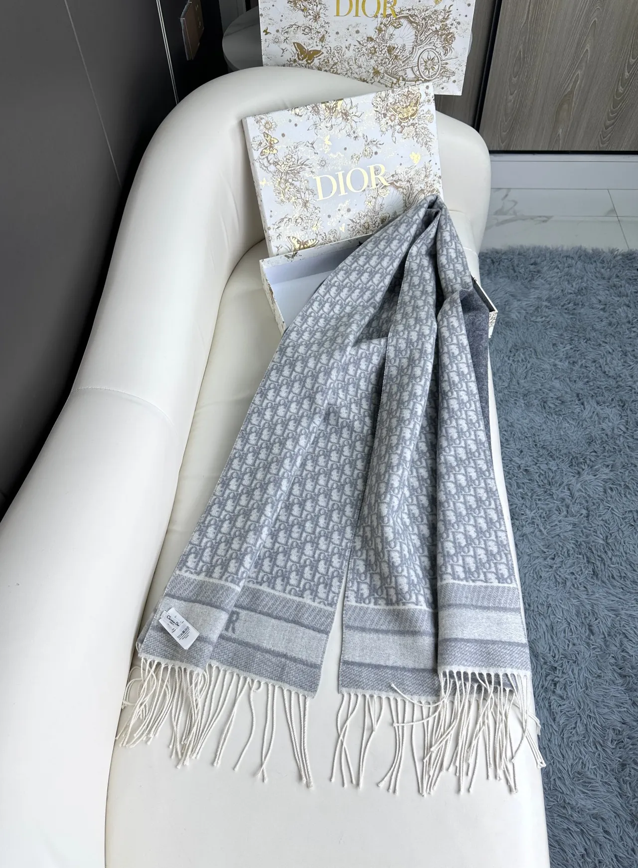 Dior Oblique Monogram cachecol de cashmere cinza 9