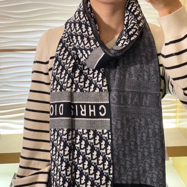 Dior Oblique Monogram নেভি এবং সাদা ক্যাশমিয়ার স্কার্ফ 2