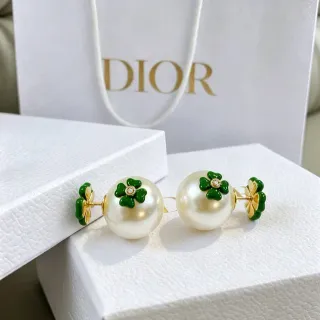 Boucles d'oreilles Dior Perle et Émail Vert Trèfle Stud