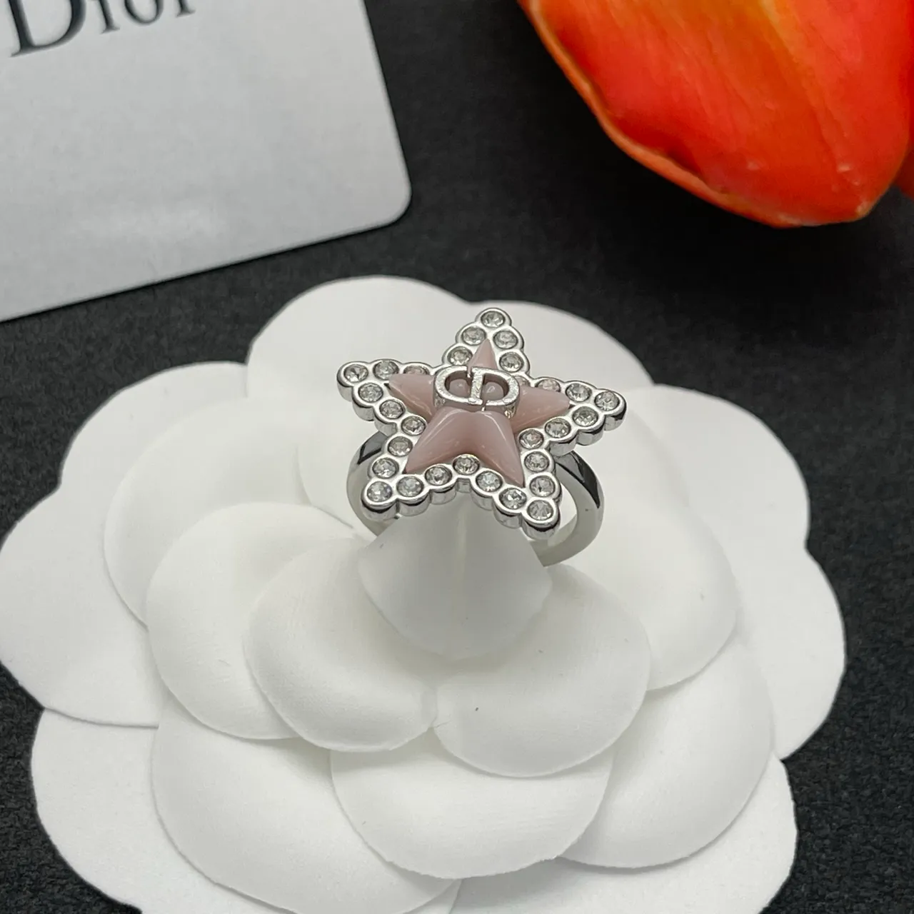 Dior Pink Silver Star-Shaped Pavé-Crystal Bordered Ring 7