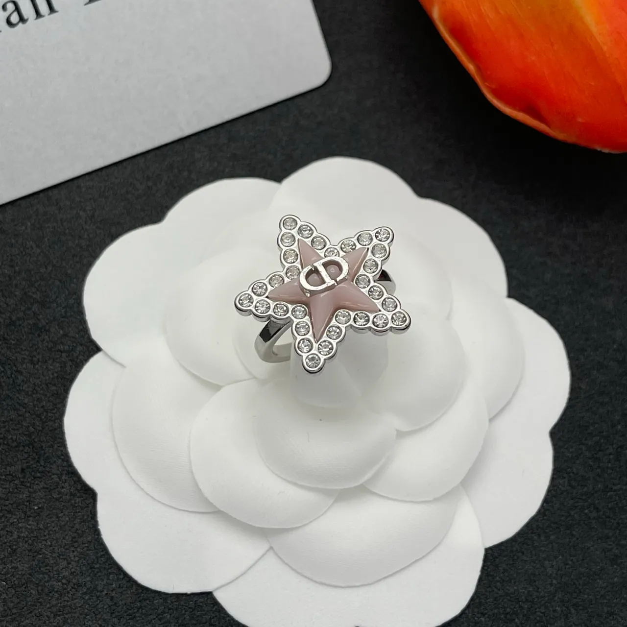 Dior Pink Silver Star-Shaped Pavé-Crystal Bordered Ring 8