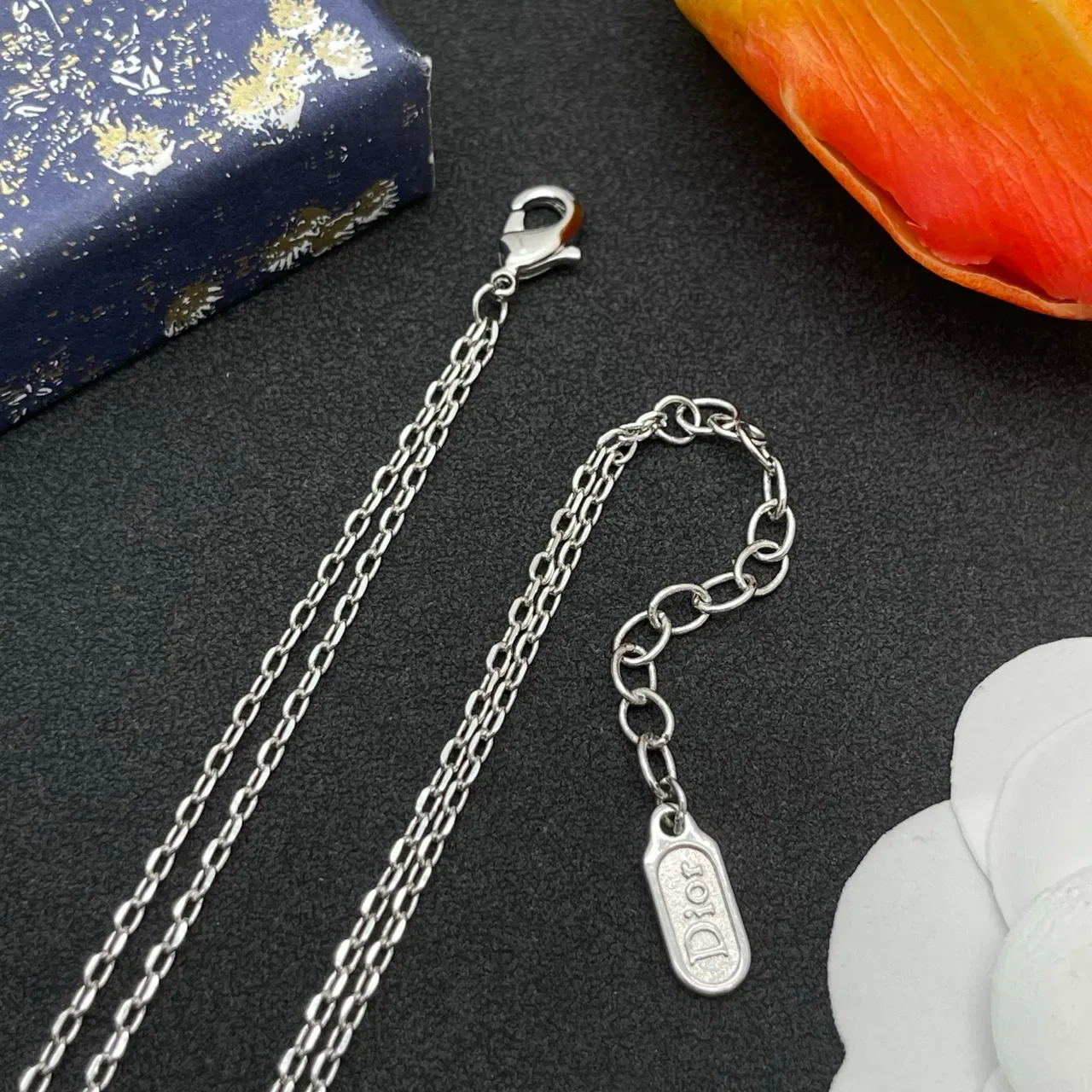 Dior Silver White Double-Chain Pearl-Accented Necklace 3