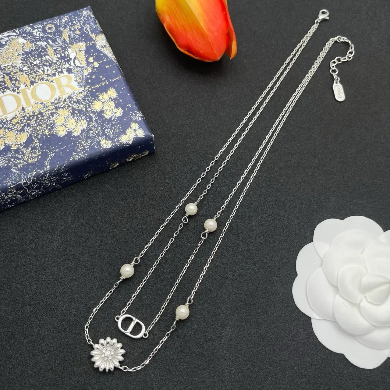Dior Silver White Double-Chain Pearl-Accented Necklace 7