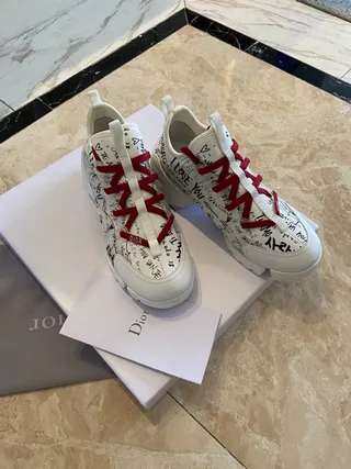 Dior White Red Graffiti-Print Upper Contrast Laces Chunky Sneakers 3