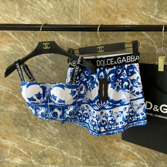 Dolce & Gabbana Blue White Ceramic Tile Print Structured Bustier Top Swimwear 2