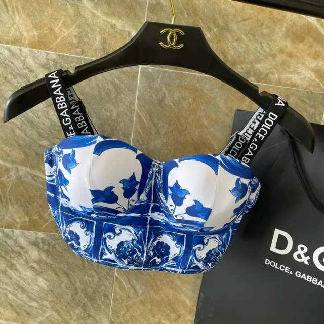 Dolce & Gabbana Blue White Ceramic Tile Print Structured Bustier Top Swimwear 8