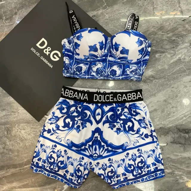 Dolce & Gabbana Blue White Ceramic Tile Print Structured Bustier Top Swimwear 10