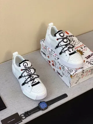 Dolce & Gabbana NS1 White Black Perforated Leather Upper Branded Strap Lacing System Lifestyle Sneakers 2