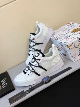 Dolce & Gabbana NS1 White Black Perforated Leather Upper Branded Strap Lacing System Lifestyle Sneakers 3