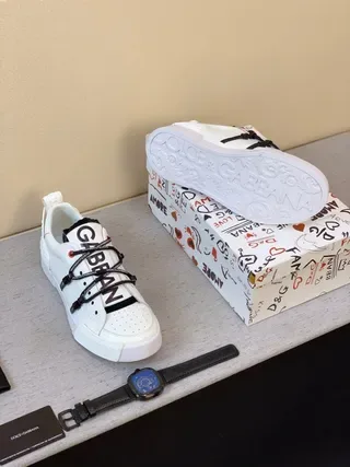 Dolce & Gabbana NS1 White Black Perforated Leather Upper Branded Strap Lacing System Lifestyle Sneakers 4
