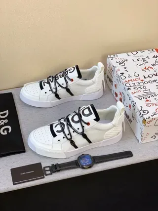 Dolce & Gabbana NS1 White Black Perforated Leather Upper Branded Strap Lacing System Lifestyle Sneakers 5