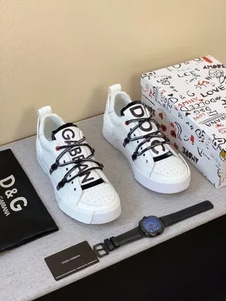 Dolce & Gabbana NS1 White Black Perforated Leather Upper Branded Strap Lacing System Lifestyle Sneakers 6