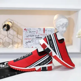 Dolce & Gabbana লাল কালো স্লিপ-অন বোনা উপরের দিকে বল্ড সাইড ব্র্যান্ডিং ব্যান্ডস জীবনযাত্রা স্নিকার্স