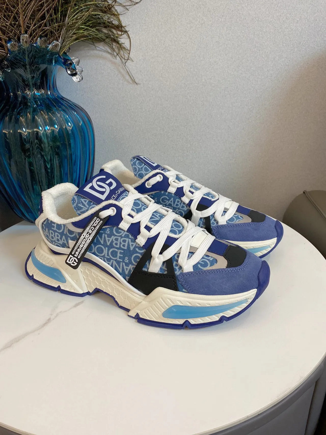 Dolce & Gabbana Blue White Monogrammed Textile Upper Oversized Honeycomb Midsole Chunky Sneakers 2