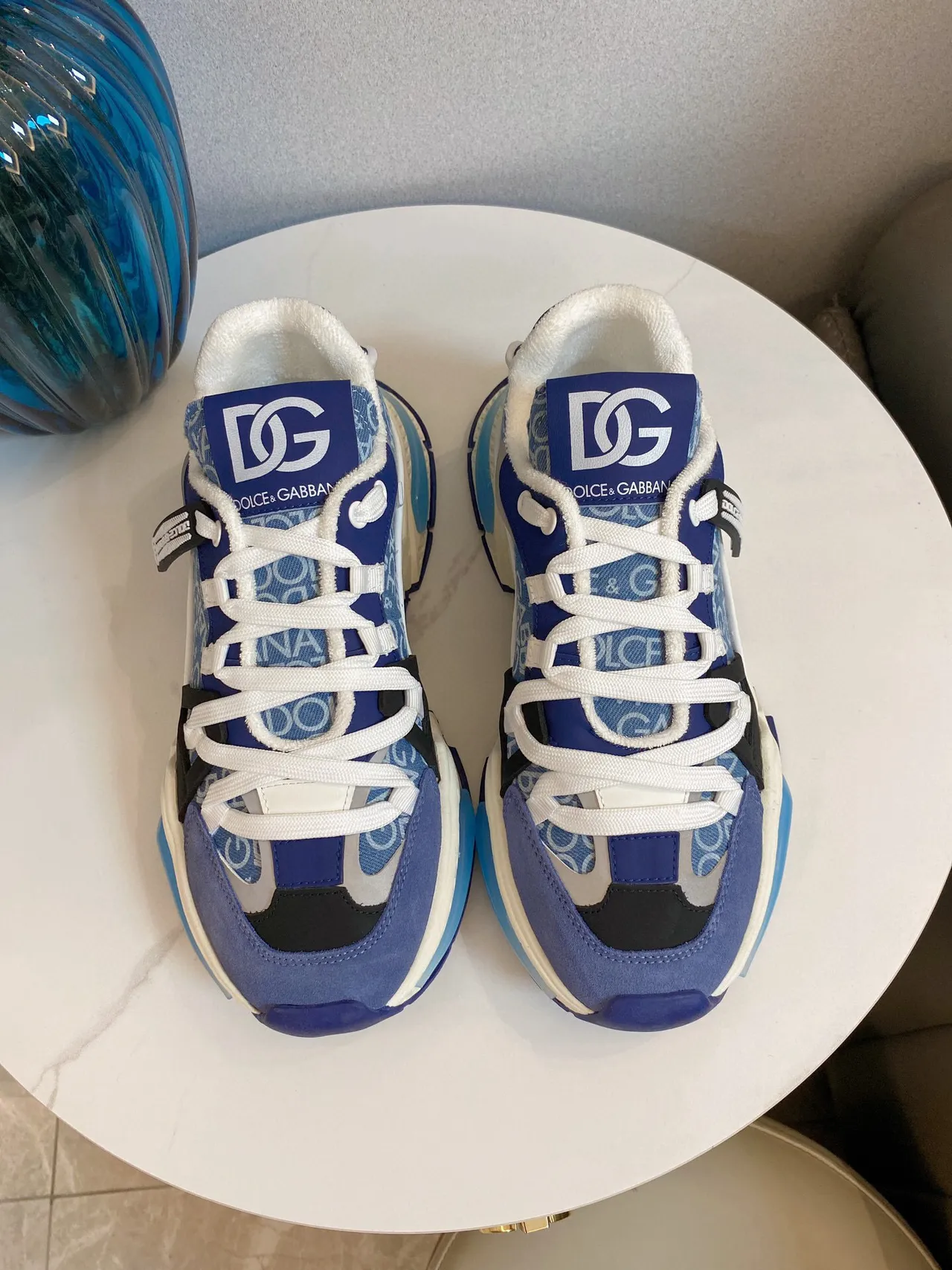 Dolce & Gabbana Blue White Monogrammed Textile Upper Oversized Honeycomb Midsole Chunky Sneakers 3