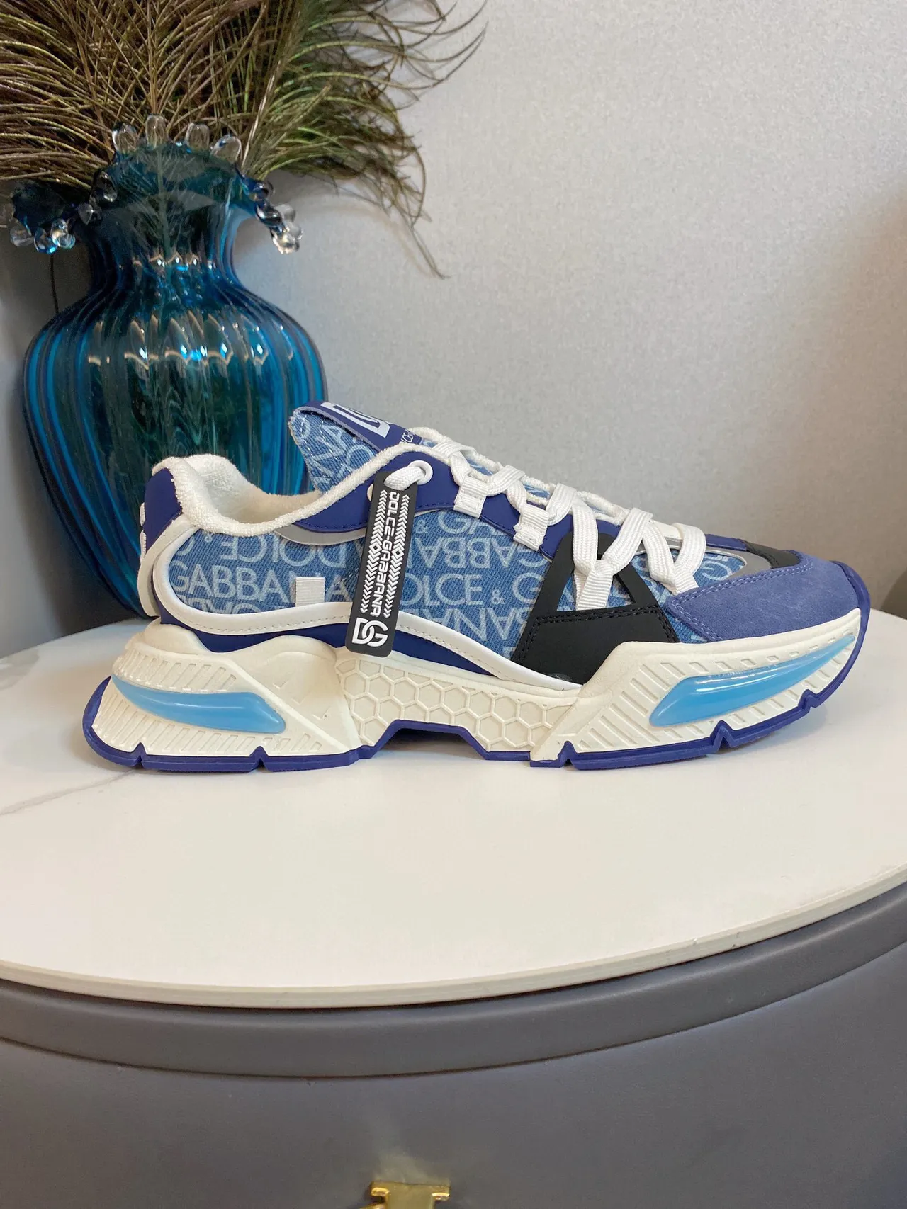 Dolce & Gabbana Blue White Monogrammed Textile Upper Oversized Honeycomb Midsole Chunky Sneakers 4