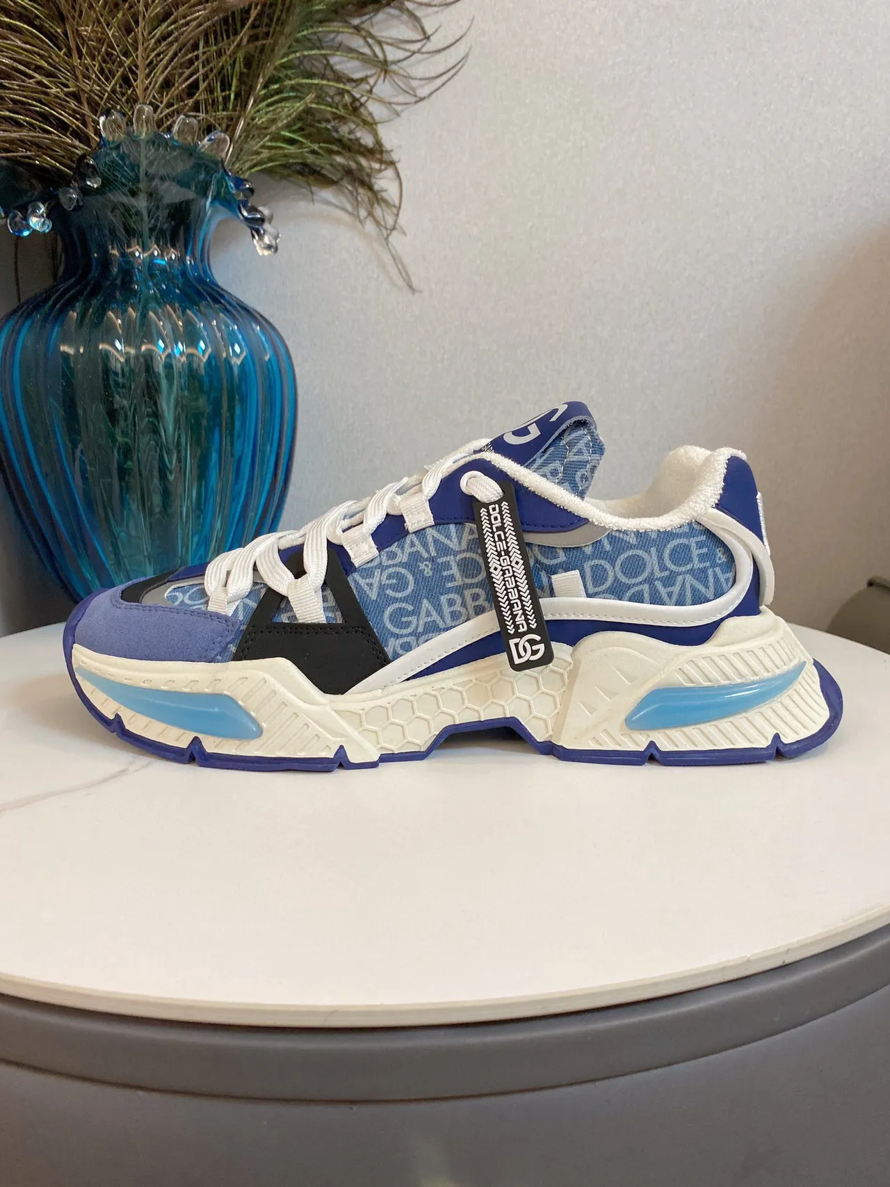 Dolce & Gabbana Blue White Monogrammed Textile Upper Oversized Honeycomb Midsole Chunky Sneakers 5