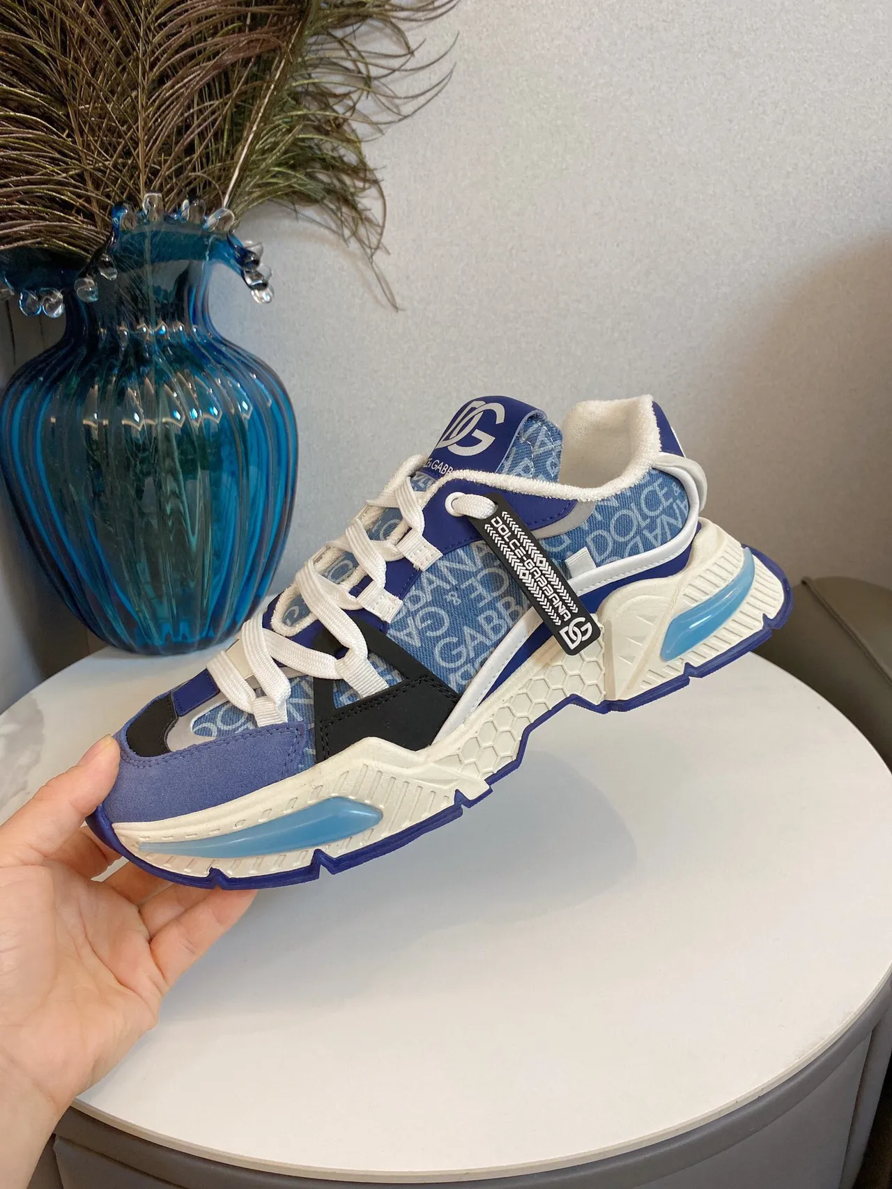 Dolce & Gabbana Blue White Monogrammed Textile Upper Oversized Honeycomb Midsole Chunky Sneakers 6
