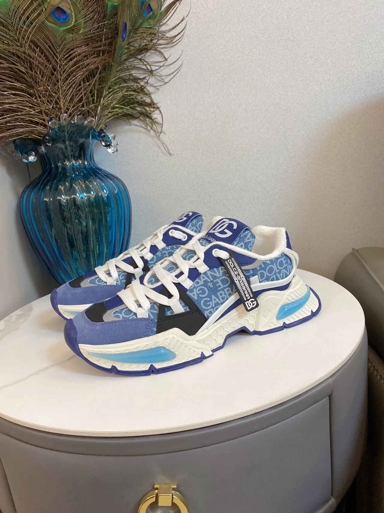 Dolce & Gabbana Blue White Monogrammed Textile Upper Oversized Honeycomb Midsole Chunky Sneakers 7