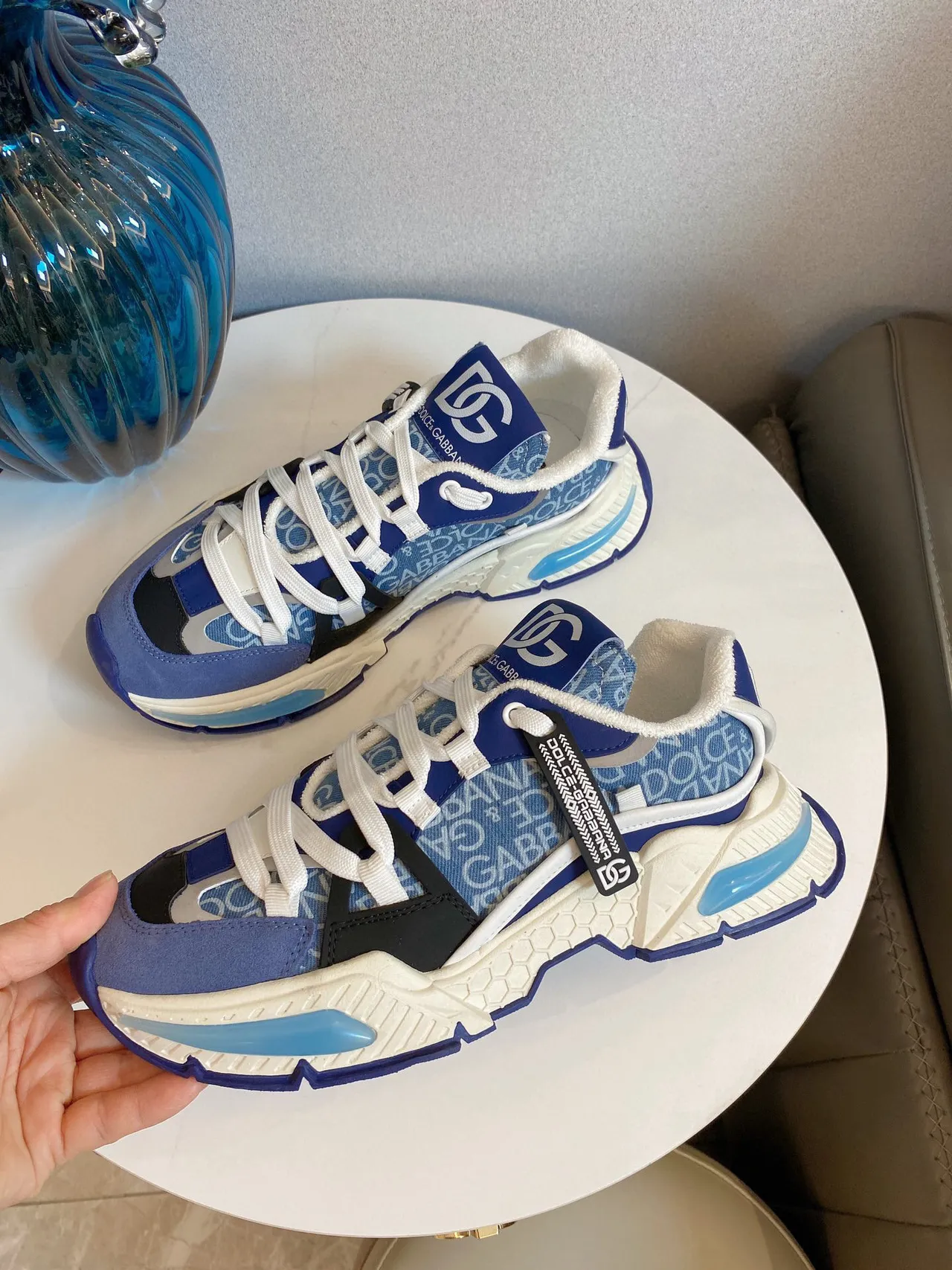 Dolce & Gabbana Blue White Monogrammed Textile Upper Oversized Honeycomb Midsole Chunky Sneakers 8