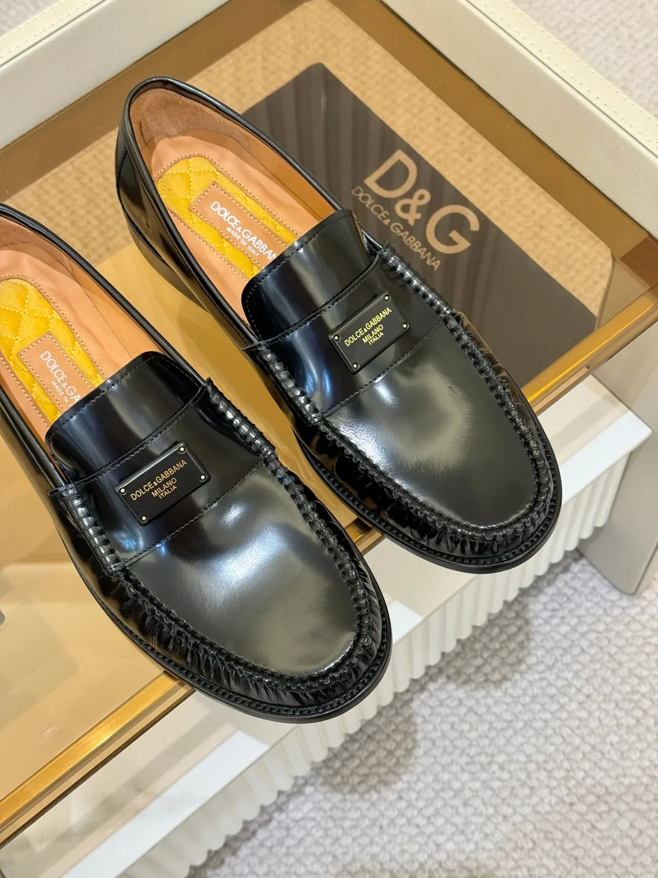 موسين Dolce & Gabbana Portofino أسود بني جلد لامع لامع تفاصيل مضفرة موك تو 4