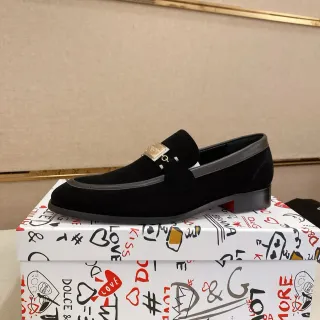 Dolce & Gabbana Portofino Black Gray Suede Metal Plaque Detail Loafer