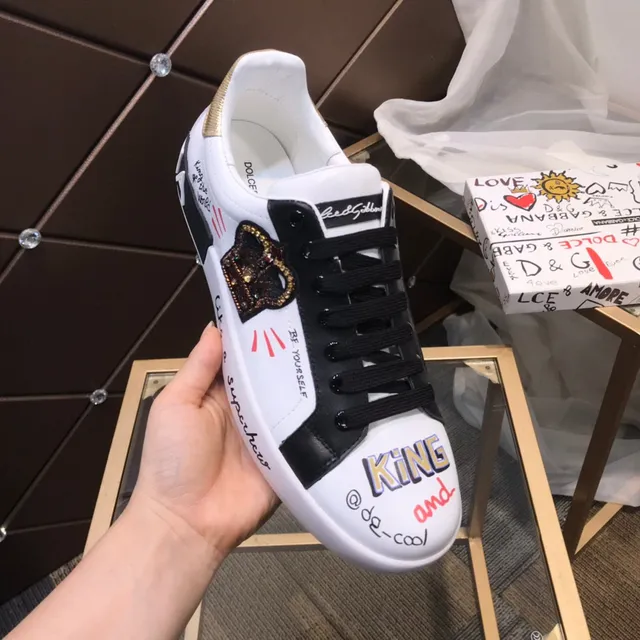 Dolce & Gabbana Portofino حذاء رياضي أبيض أسود مطبوع جرافيتي من الجلد والمطاط 2