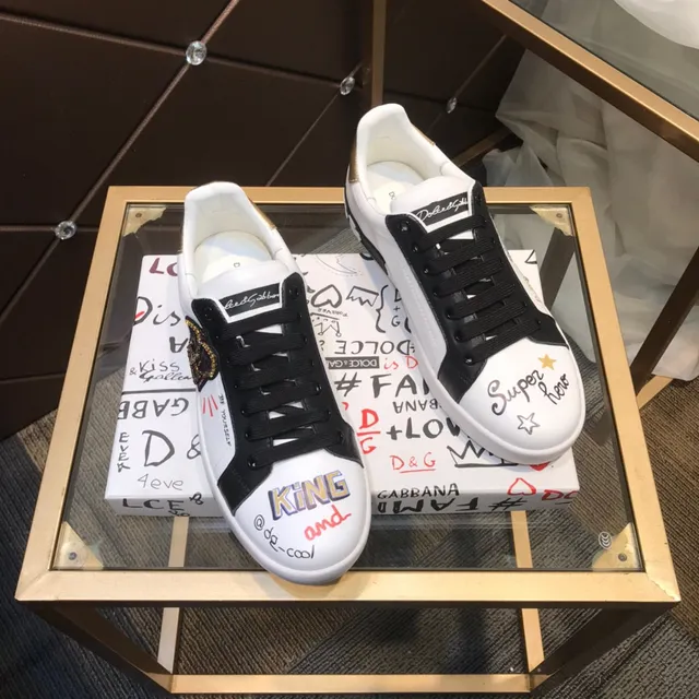 Dolce & Gabbana Portofino حذاء رياضي أبيض أسود مطبوع جرافيتي من الجلد والمطاط 7