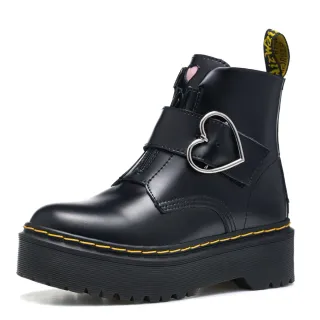 Dr. Martens काला पीला प्लेटफॉर्म बूट दिल का आकार का बकला एंक्ल बूट