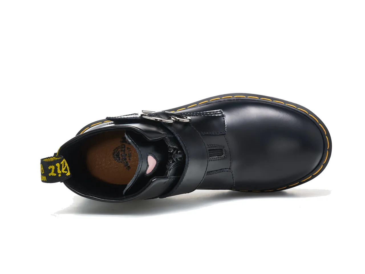 Dr. Martens Botas de plataforma negra amarilla con hebilla en forma de corazón para tobillo 2