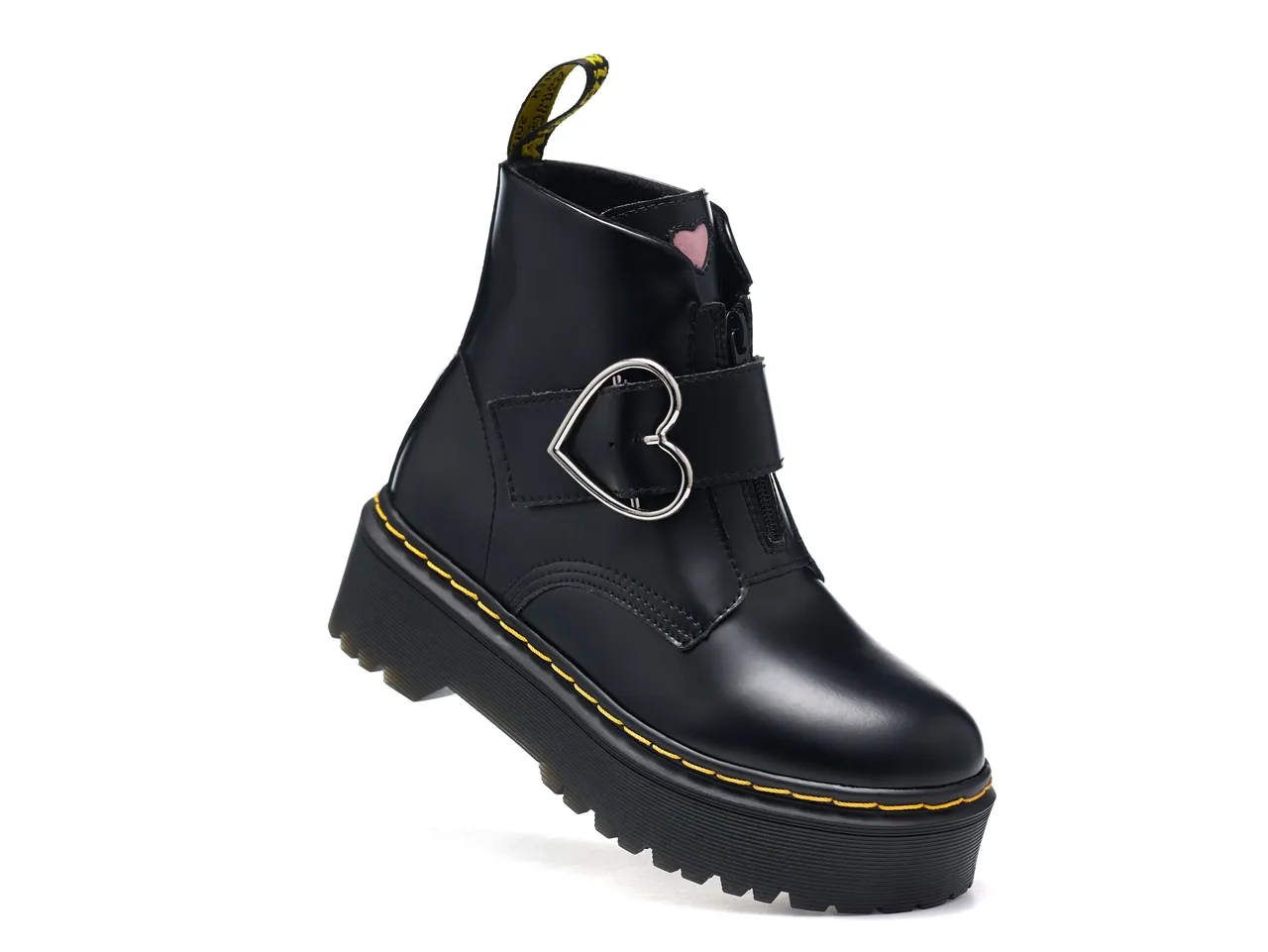 Dr. Martens Botas de plataforma negra amarilla con hebilla en forma de corazón para tobillo 3